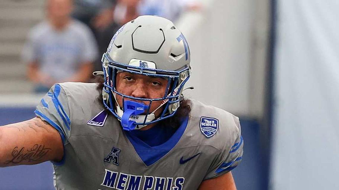  Oct 25, 2025; Memphis, Tennessee, USA; Memphis Tigers offensive lineman Travis Burke (78) gestures toward the South Florida Bulls defense on the line of scrimmage during the second half at Simmons Bank Liberty Stadium. Mandatory Credit: Wesley Hale-Imagn Images | Wesley Hale-Imagn Images 