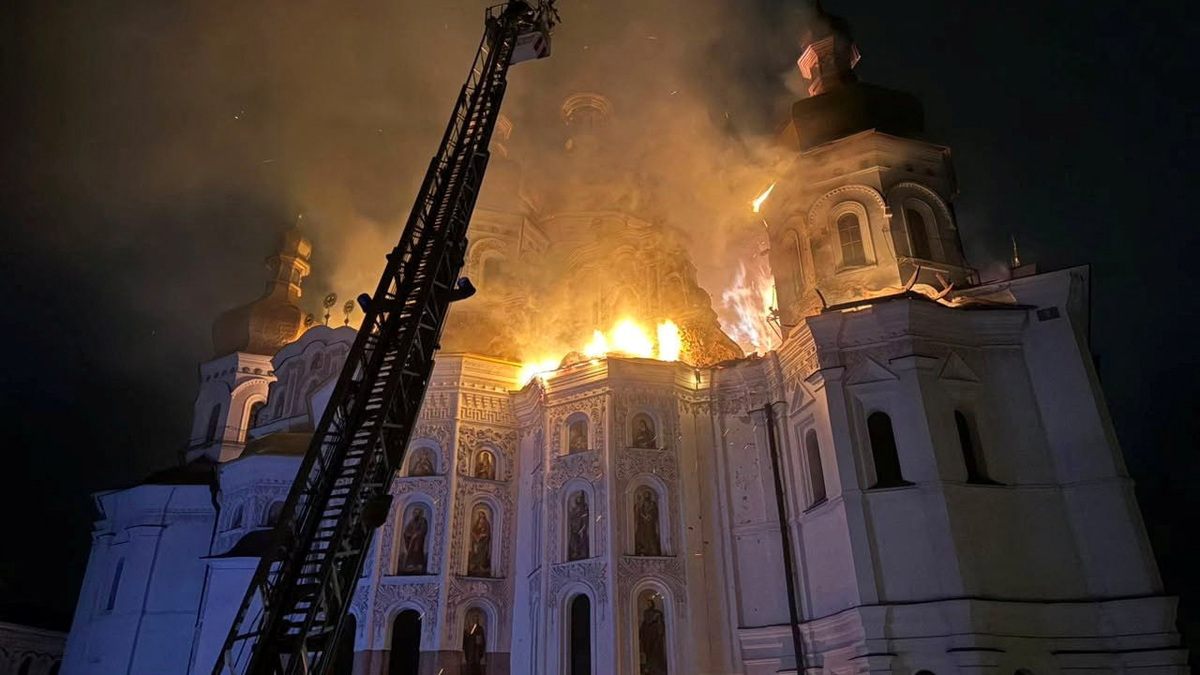 Firefighters work at a site of the Dormition Cathedral of the Kyiv Pechersk Lavra monastery, which burns after it was hit during Russian missile and drone strikes, amid Russia's attack on Ukraine, in Kyiv, Ukraine June 15, 2026. Minister of Culture of Ukraine Tetyana Berezhna via Facebook/Handout via REUTERS