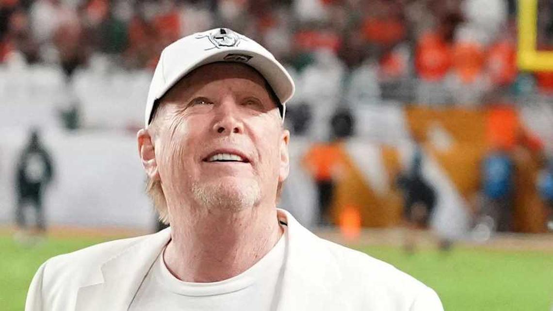  Jan 19, 2026; Miami Gardens, FL, USA; Las Vegas Raiders general manager John Spytek and owner Mark Davis walk on the sideline before the CFP National Championship college football game between the Indiana Hoosiers and the Miami Hurricanes at Hard Rock Stadium. Mandatory Credit: Kirby Lee-Imagn Images | Kirby Lee-Imagn Images 