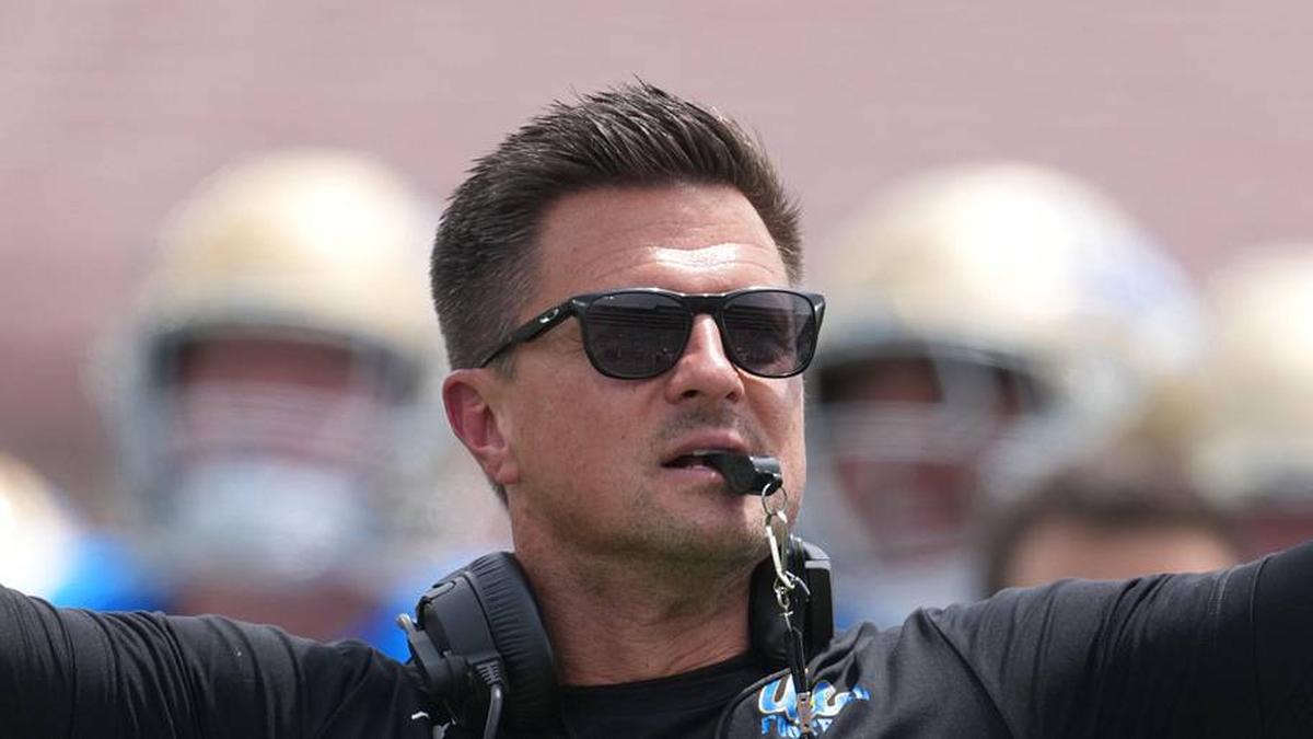  May 2, 2026; Pasadena, CA, USA; UCLA Bruins coach Bob Chesney reacts during the spring game at Rose Bowl. Mandatory Credit: Kirby Lee-Imagn Images | Kirby Lee-Imagn Images 