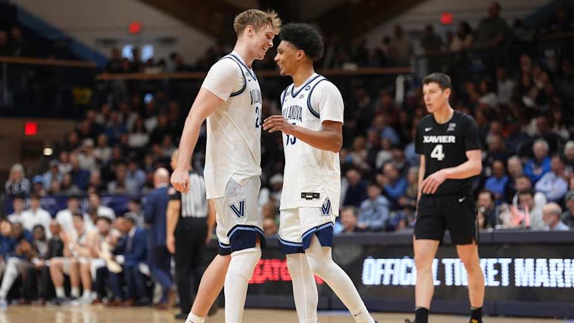  Mar 7, 2026; Villanova, Pennsylvania, USA; Villanova Wildcats forward Duke Brennan (24) reacts with guard Acaden Lewis (55) against the Xavier Musketeers in the second half at William B. Finneran Pavilion. Mandatory Credit: Kyle Ross-Imagn Images | Kyle Ross-Imagn Images 