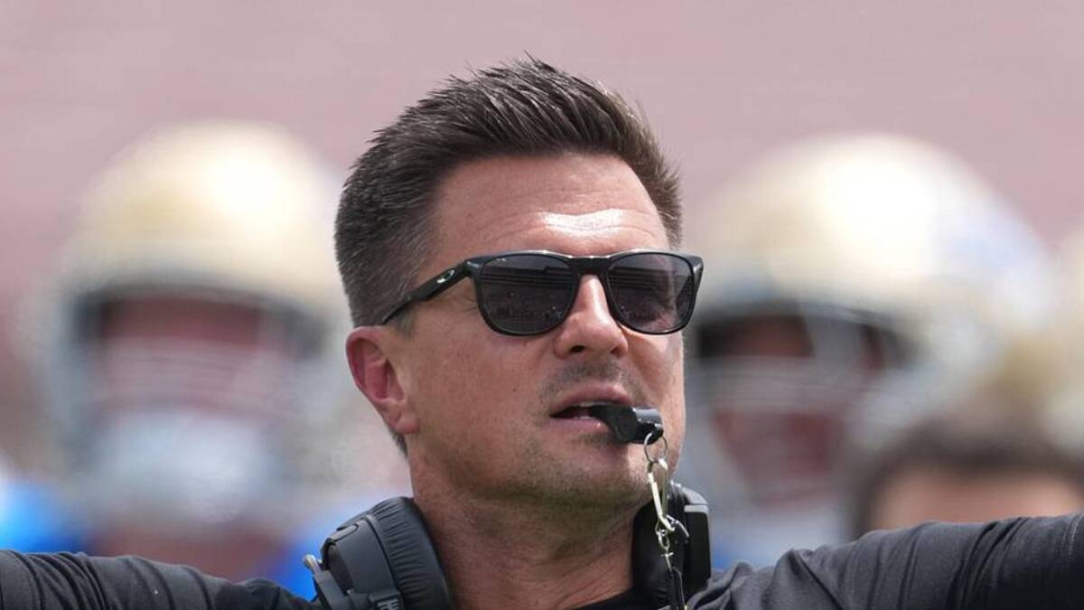  May 2, 2026; Pasadena, CA, USA; UCLA Bruins coach Bob Chesney reacts during the spring game at Rose Bowl. Mandatory Credit: Kirby Lee-Imagn Images | Kirby Lee-Imagn Images 
