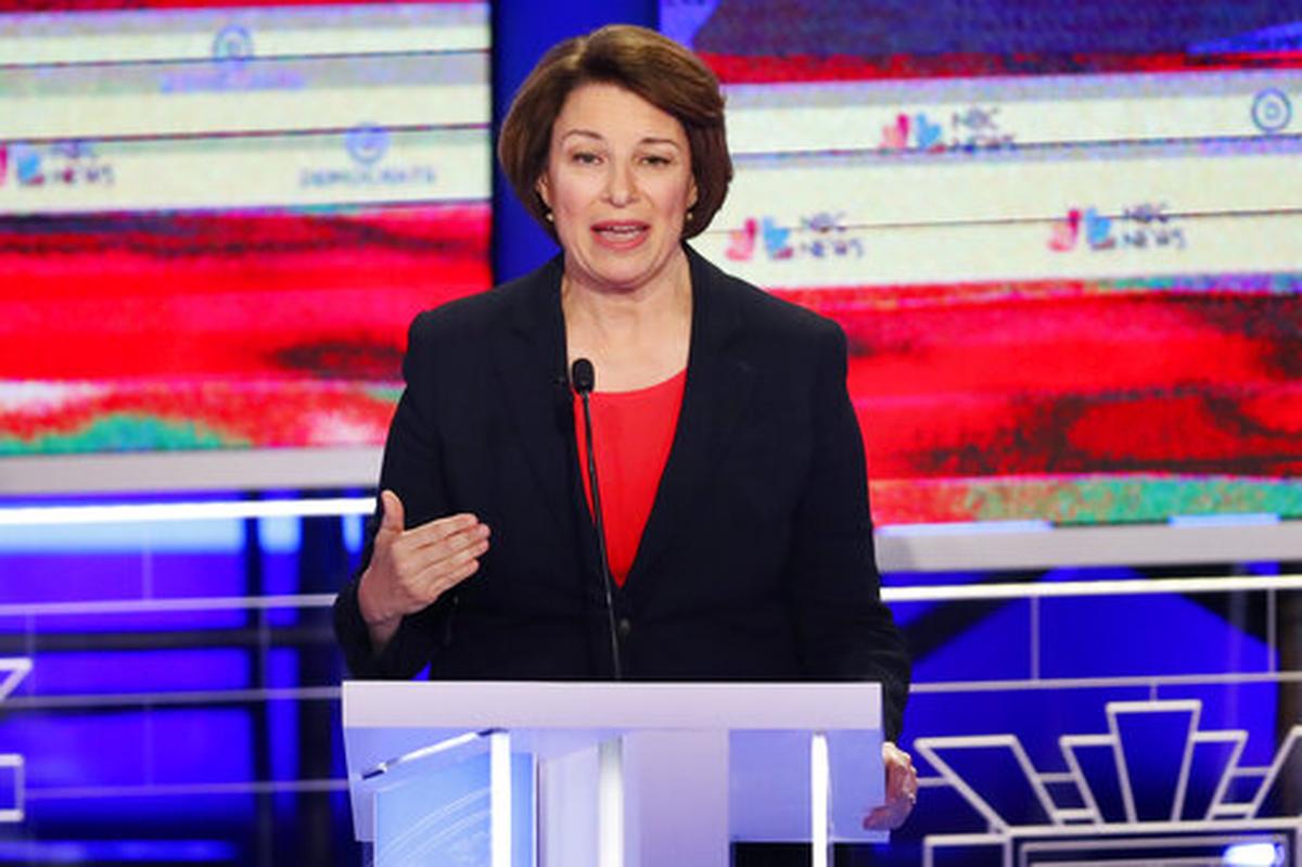 In this June 26, 2019, photo, Democratic presidential candidate Sen. Amy Klobuchar, D-Minn., at a Democratic primary debate at the Adrienne Arsht Center for the Performing Arts in Miami.