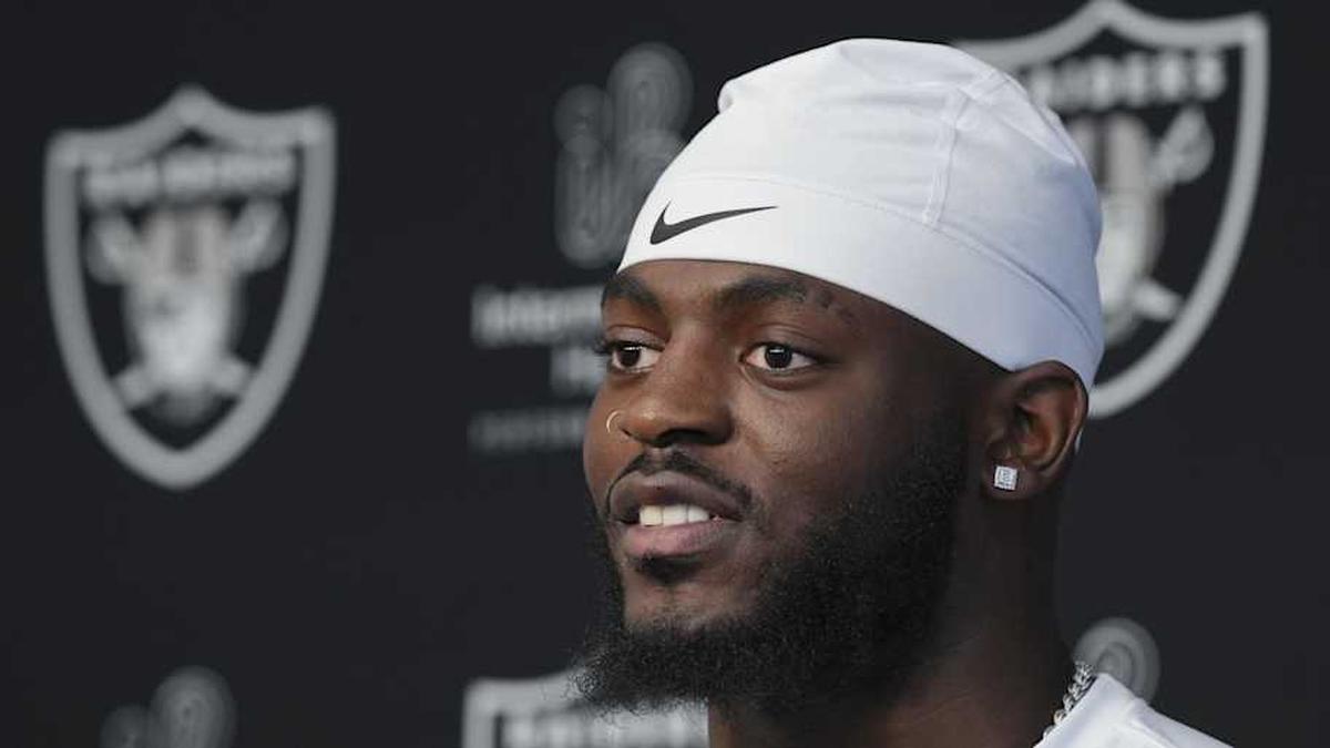  May 2, 2026; Henderson, NV, USA; Las Vegas Raiders defensive end Keyron Crawford (42) speaks during a news conference at the team's Rookie Minicamp at Intermountain Health Performance Center. Mandatory Credit: Candice Ward-Imagn Images | Candice Ward-Imagn Images 