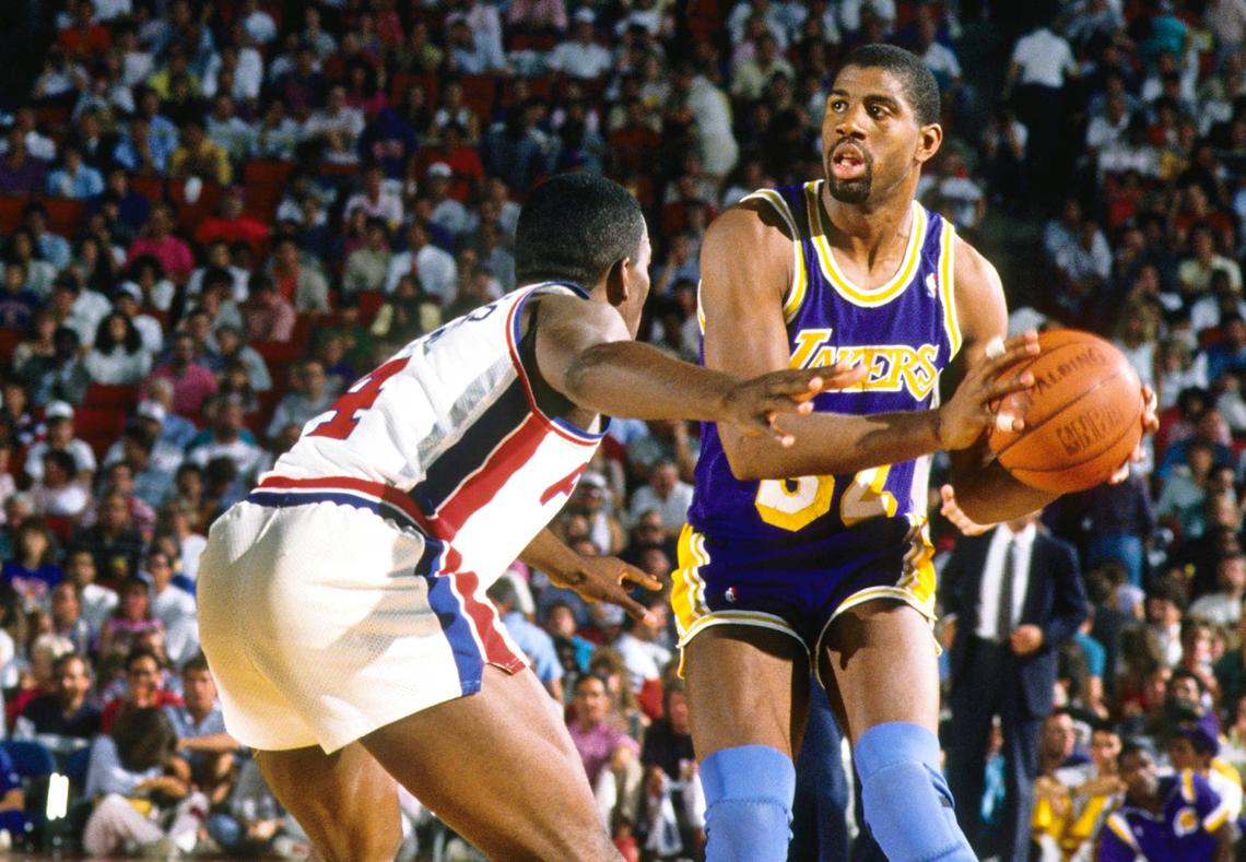  Los Angeles Lakers guard Magic Johnson is defended by Detroit Pistons guard Joe Dumars during the 1988 NBA Finals at the Silverdome. MPS-USA TODAY Sports via Imagn Images