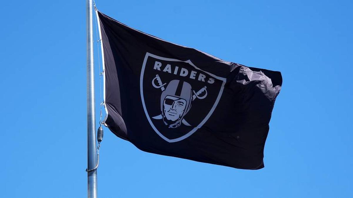  Jul 24, 2025; Henderson, NV, USA; A Las Vegas Raiders shield logo flag at the Intermountain Healthcare Performance Center. Mandatory Credit: Kirby Lee-Imagn Images | Kirby Lee-Imagn Images 