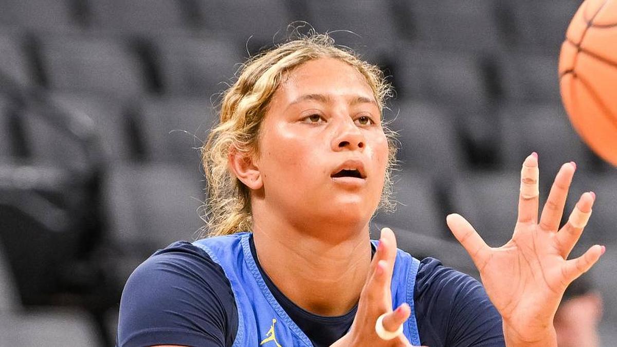  Mar 26, 2026; Sacramento, CA, USA; UCLA Bruins forward Sienna Betts (16) catches a pass during practice ahead of the Sacramento Regional 2 of the women's 2026 NCAA tournament at Golden 1 Center. Mandatory Credit: Ed Szczepanski-Imagn Images | Ed Szczepanski-Imagn Images 