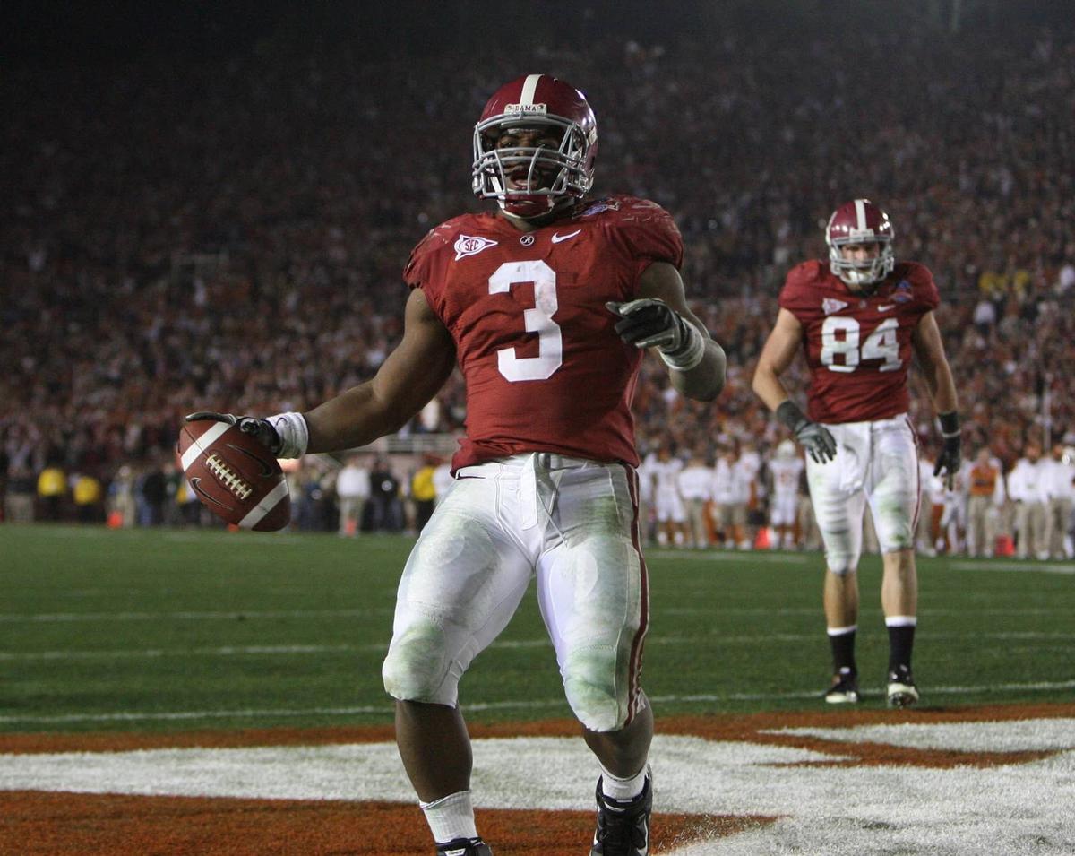  Alabama running back Trent Richardson celebrates a touchdown against Texas in the National Championship in the Rose Bowl. Tuscaloosa News / Robert Sutto via Imagn Images