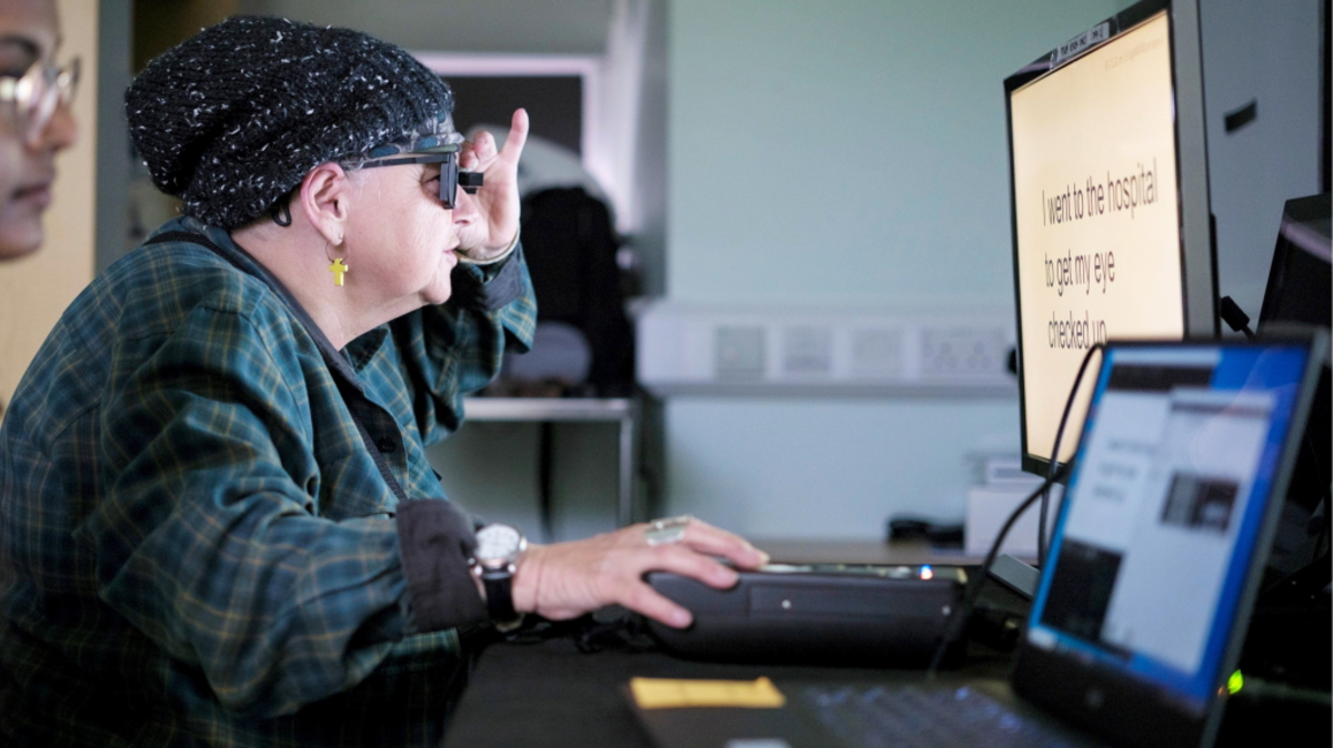 Study partipant Sheila Irvine, a patient at Moorfields Eye Hospital in London, trains with the PRIMA eye implant. The pioneering device paired with augmented-reality glasses restored vision to older people who had lost their sight as a result of an untreatable eye condition.