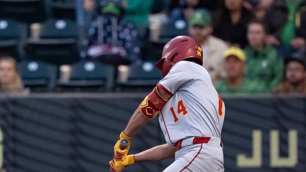  USC outfielder Jack Basseer hits a single as the Oregon Ducks host the USC Trojans on May 14, 2026, in Eugene, Oregon. | Ben Lonergan/The Register-Guard / USA TODAY NETWORK via Imagn Images 