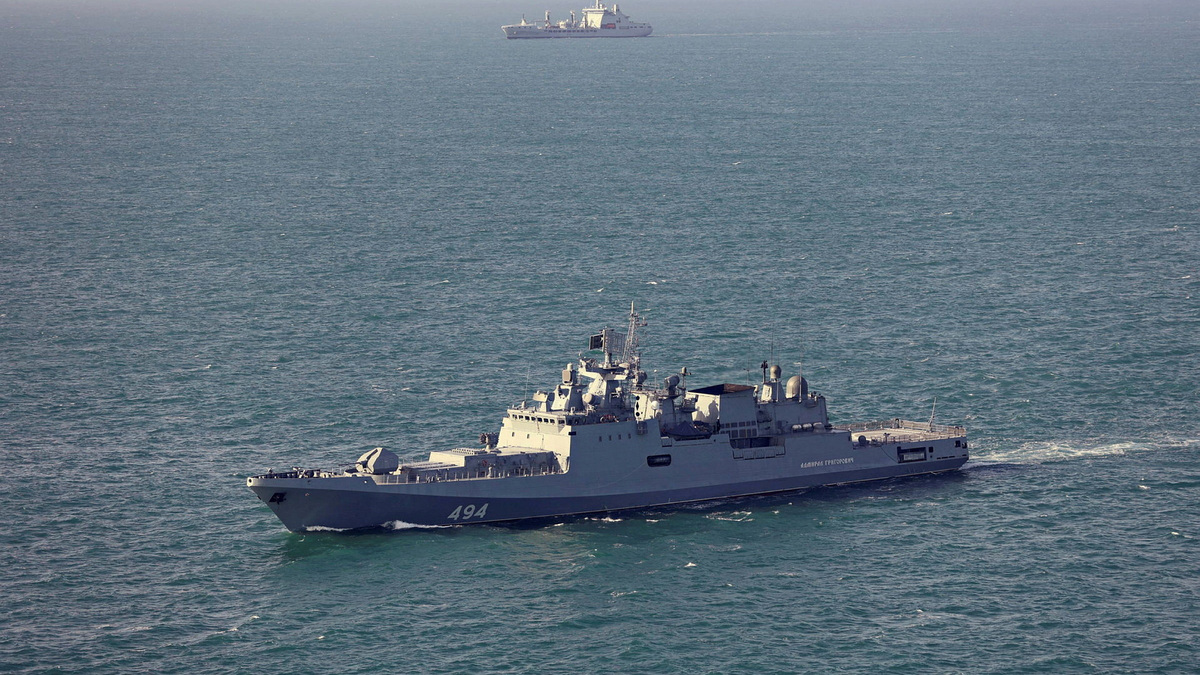 RFA Tideforce, as seen in the background, monitors the Russian frigate Admiral Grigorovich in an unknown location in this handout image dated June 4, 2026 . UK MOD © Crown copyright 2026/Royal Navy/Handout via REUTERS