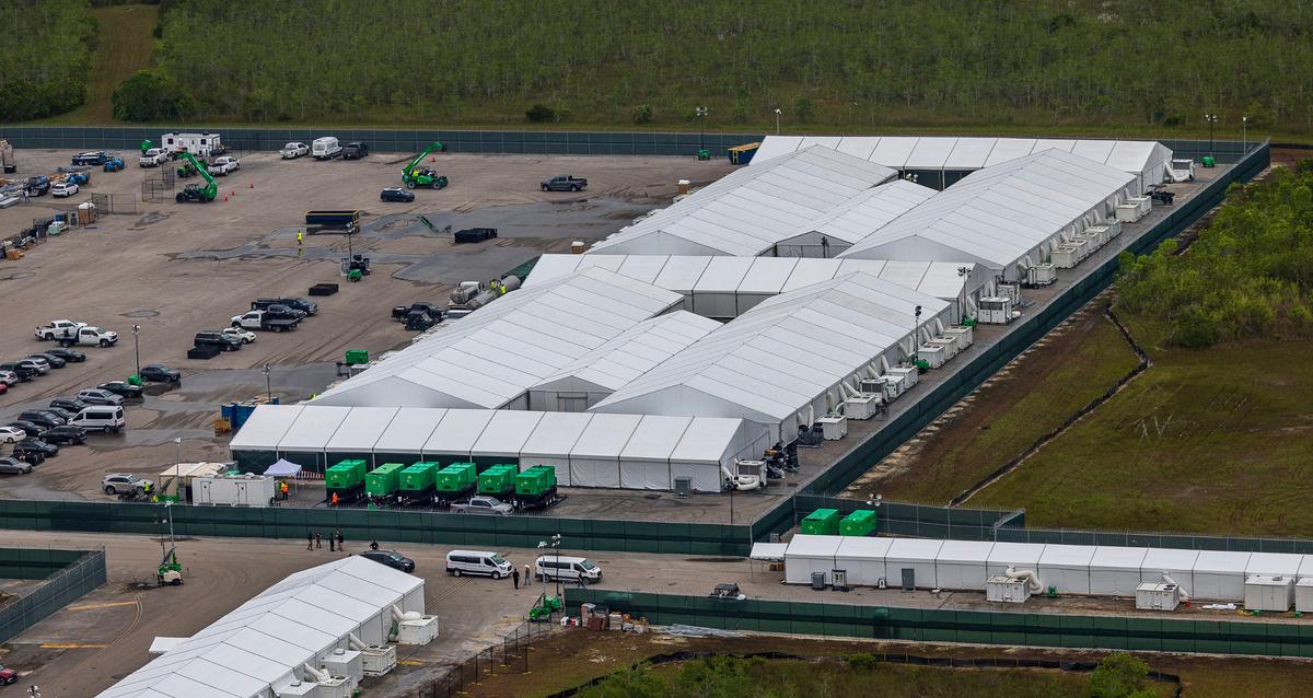 Aerial view of structures, including gigantic tents built at the recently opened migrant detention center, “Alligator Alcatraz,” located at the site of the Dade-Collier Training and Transition Airport in Ochopee, Florida, on Friday, July 4, 2025. (Pedro Portal/Miami Herald/TNS)