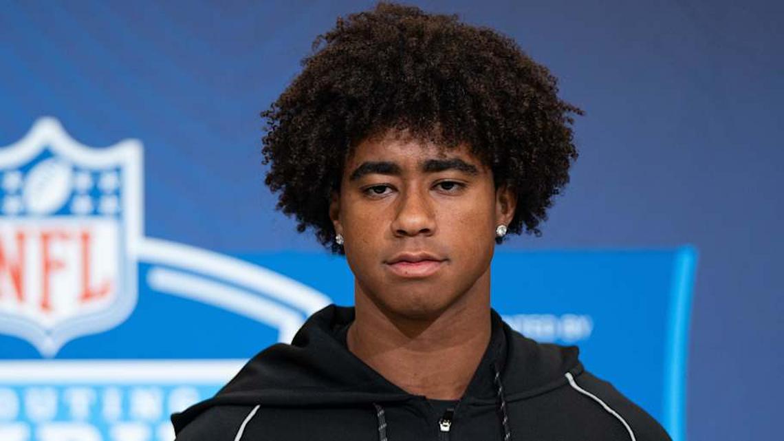  Feb 27, 2026; Indianapolis, IN, USA; Southern California wideout Ja'Kobi Lane (WO27) speaks to members of the media during the NFL Combine at the Indiana Convention Center. Mandatory Credit: Jacob Musselman-Imagn Images | Jacob Musselman-Imagn Images 