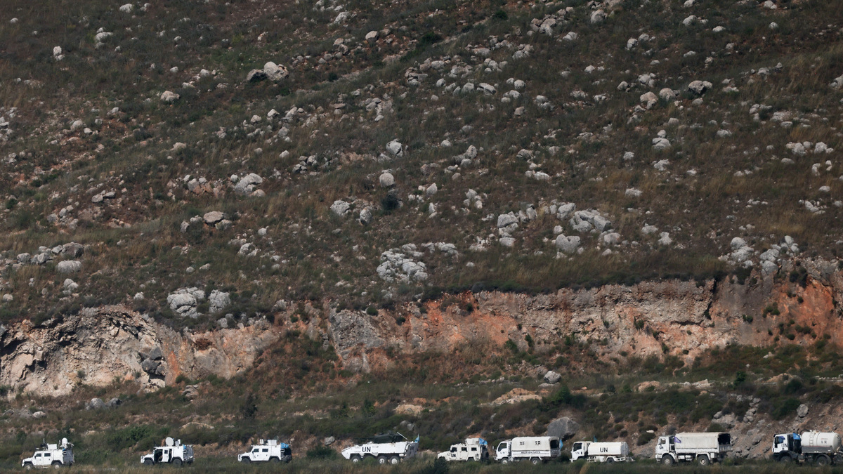 A U.N. convoy in southern Lebanon, near the Israel-Lebanon border, as seen from northern Israel, June 2, 2026. REUTERS/Shir Torem