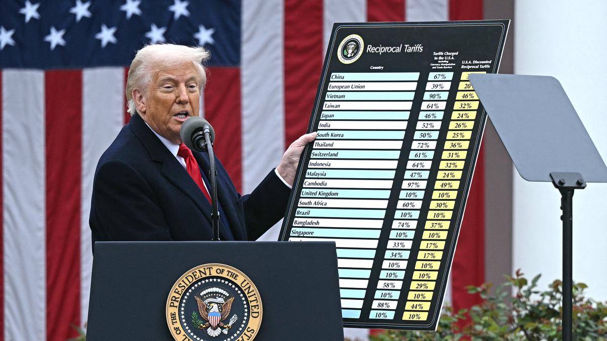 US President Donald Trump holds a chart as he delivers remarks on reciprocal tariffs during an event in the Rose Garden entitled "Make America Wealthy Again" at the White House in Washington, DC, on April 2, 2025. Trump geared up to unveil sweeping new "Liberation Day" tariffs in a move that threatens to ignite a devastating global trade war. Key US trading partners including the European Union and Britain said they were preparing their responses to Trump's escalation, as nervous markets fell in Europe and America. (Brendan Smialowski/AFP/Getty Images/TNS)