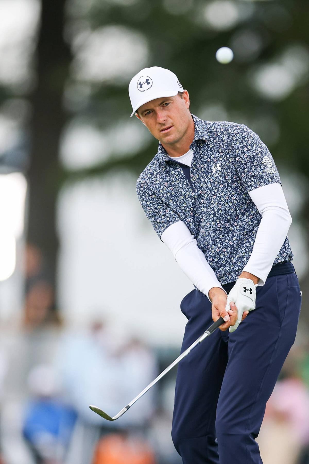  NEWTOWN SQUARE, PA - MAY 14: Jordan Spieth hits his shot on the ninth hole during the first round of the PGA Championship at Aronimink Golf Club on Thursday, May 14, 2026 in Newtown Square, Pennsylvania. (Photo by Maddie Meyer/PGA of America)