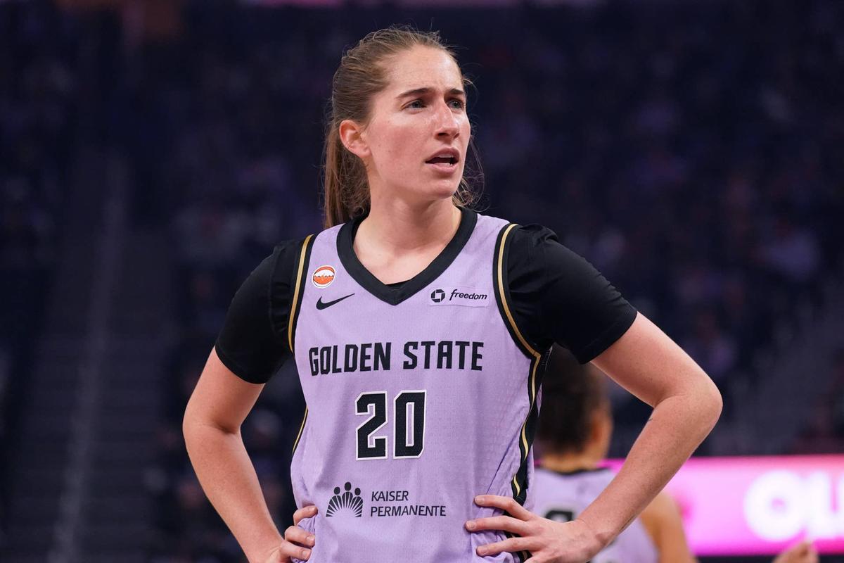  Golden State Valkyries guard Kate Martin (20) waits for play to resume against the Seattle Storm in the first quarter at Chase Center. David Gonzales-Imagn Images