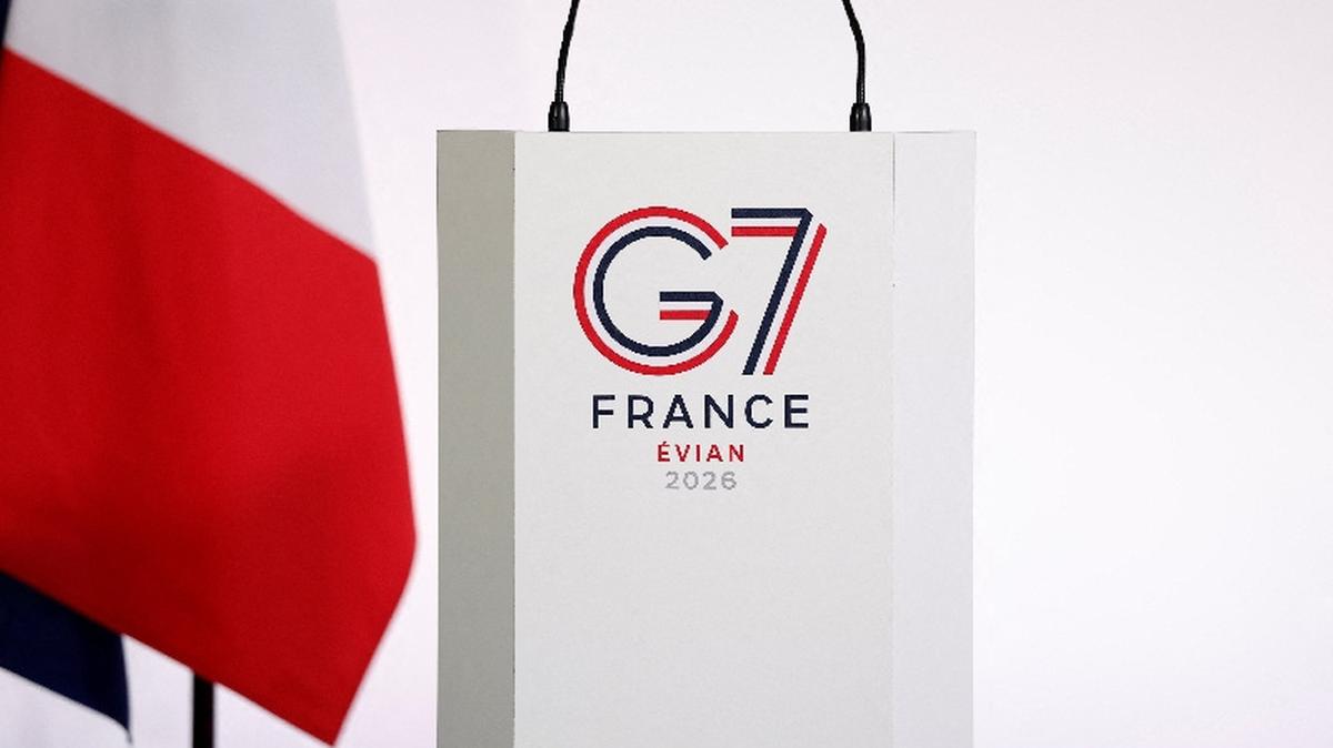 The logo of the G7 Evian summit is seen on desk during a press conference at a meeting of G7 trade ministers in Paris, France, May 6, 2026. REUTERS/Benoit Tessier/Pool/File Photo