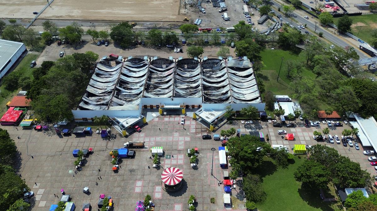 A drone view shows the aftermath of a deadly fire at a large fairground venue where a music concert attended by thousands of people took place, in Villahermosa, Tabasco state, Mexico, May 7, 2026. REUTERS/Luis Manuel Lopez