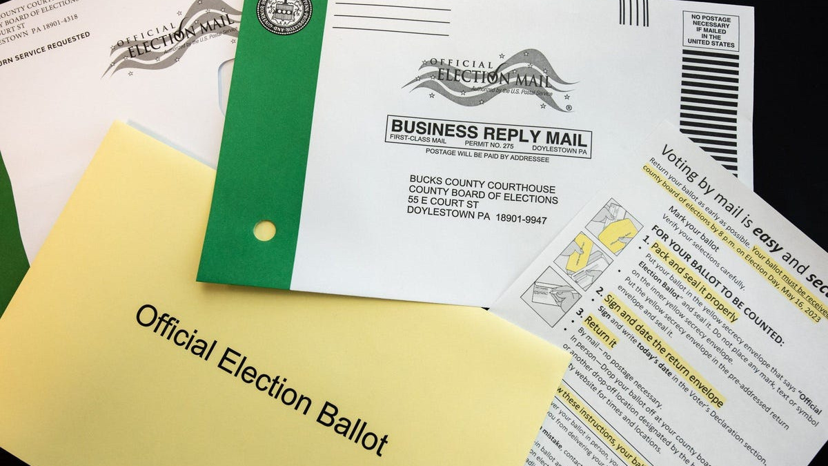 Mail-in and absentee ballot envelopes in Bucks County, Pennsylvania.