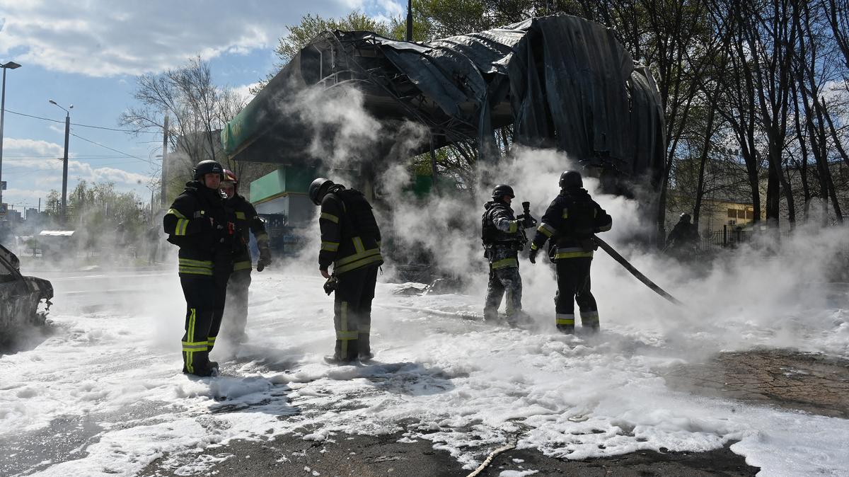 Ukrainian rescuers work to extinguish a fire in a destroyed petrol station following a drone attack in Kharkiv on May 2, 2026, amid the Russian invasion of Ukraine. (Sergey Bobok/AFP/Getty Images/TNS)