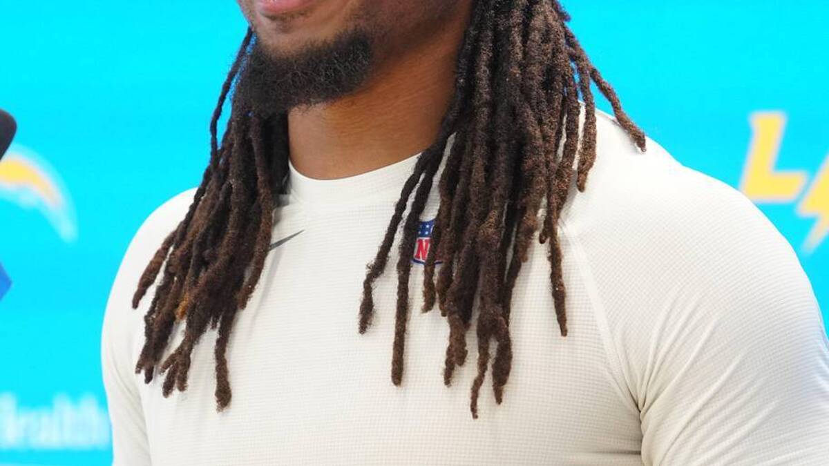  May 11, 2026; El Segundo, CA, USA; Los Angeles Chargers running back Keaton Mitchell at press conference during offseason workouts at The Bolt. Mandatory Credit: Kirby Lee-Imagn Images | Kirby Lee-Imagn Images 