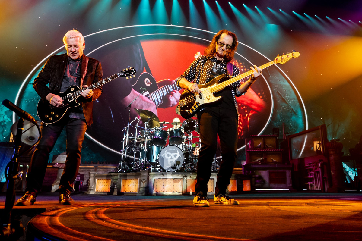 Rush's Alex Lifeson (left) and Geddy Lee brought fans on a winding journey of their 50-year career at their June 7, 2026 tour kickoff in Los Angeles.