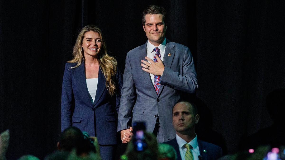 Florida Rep. Matt Gaetz and his wife, Ginger, greet the crowd at an event hosted by the pro-Trump Club 47 USA, at the Palm Beach Convention Center in West Palm Beach, Fla., on Oct. 11, 2023. Reports of vast spending on e-merchant fees by Gaetz’s campaign in recent years are coming under scrutiny.