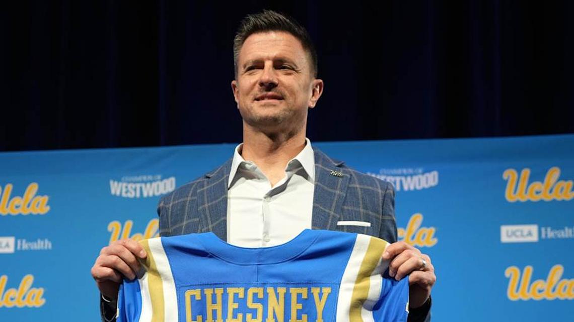  Dec 9, 2025; Los Angeles, CA, USA; UCLA Bruins football coach Bob Chesney poses at introductory press conference at Renee Luskin Conference Center Centennial Ballroom. Mandatory Credit: Kirby Lee-Imagn Images | Kirby Lee-Imagn Images 