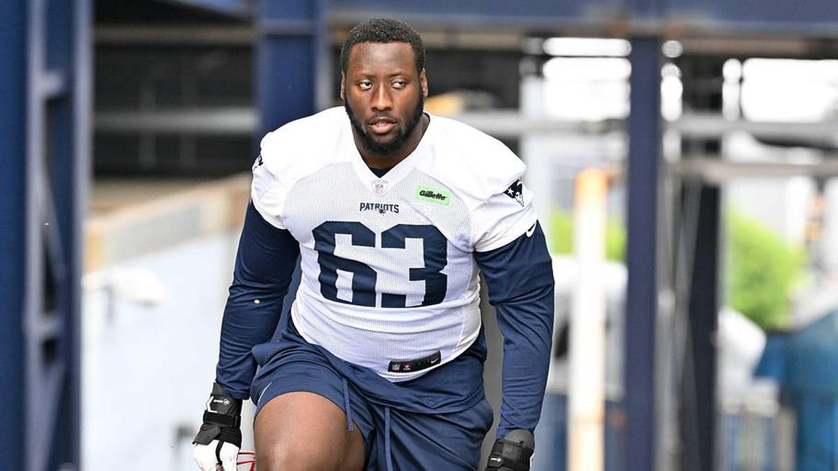  Jun 9, 2025; Foxborough, MA, USA; New England Patriots guard Mehki Butler (63) walks to the practice fields at Gillette Stadium. Mandatory Credit: Eric Canha-Imagn Images | Eric Canha-Imagn Images 