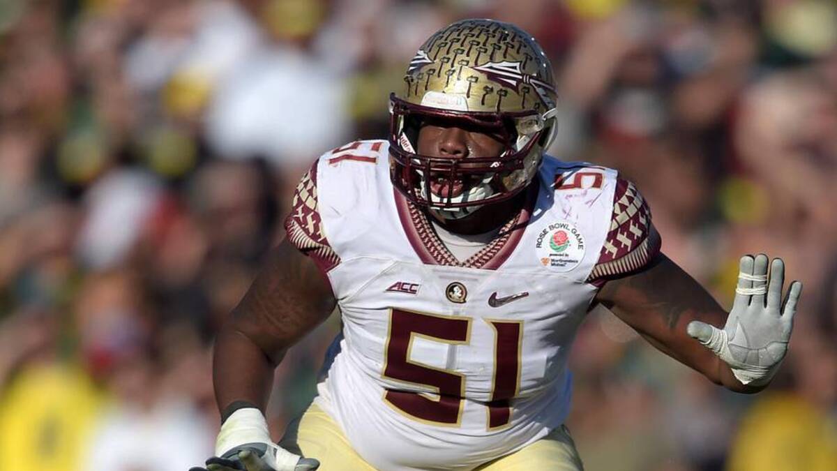  Jan 1, 2015; Pasadena, CA, USA; Florida State Seminoles right tackle Bobby Hart (51) against the Oregon Ducks in the 2015 Rose Bowl college football game at Rose Bowl. Oregon defeated Florida State 59-20. Mandatory Credit: Kirby Lee-Imagn Images | Kirby Lee-Imagn Images 