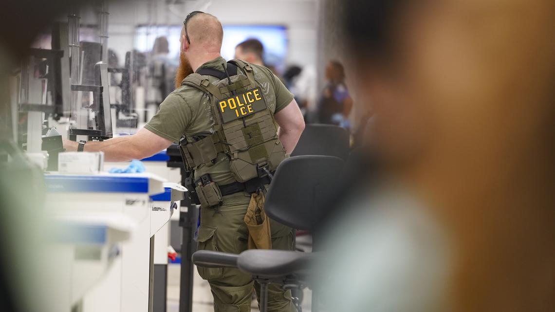 Trump Sends ICE Agents To Airports As DHS Remains Unfunded. ICE agents check IDs at the TSA security checkpoint at Atlanta Hartsfield-Jackson International Airport on March 27, 2026 in Atlanta, Georgia. 