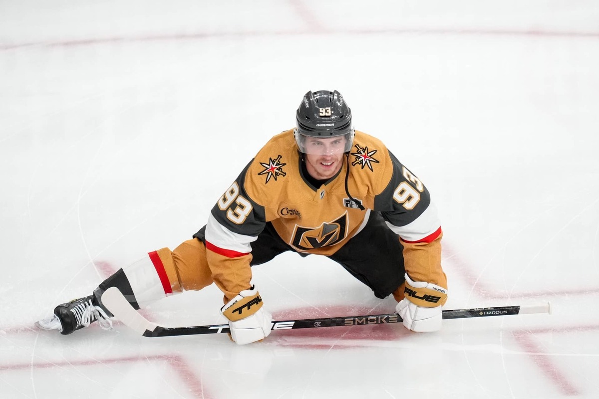  Jun 6, 2026; Las Vegas, Nevada, USA; Vegas Golden Knights right wing Mitch Marner (93) warms up prior to game three of the 2026 Stanley Cup Final against the Carolina Hurricanes at T-Mobile Arena. Mandatory Credit: Lucas Peltier-Imagn Images