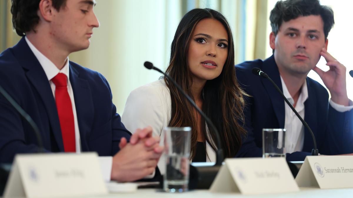 Political commentator Savanah Hernandez, middle, speaks during a roundtable discussion in the State Dining Room of the White House on Oct. 8, 2025, in Washington, D.C. (Anna Moneymaker/Getty Images/TNS)