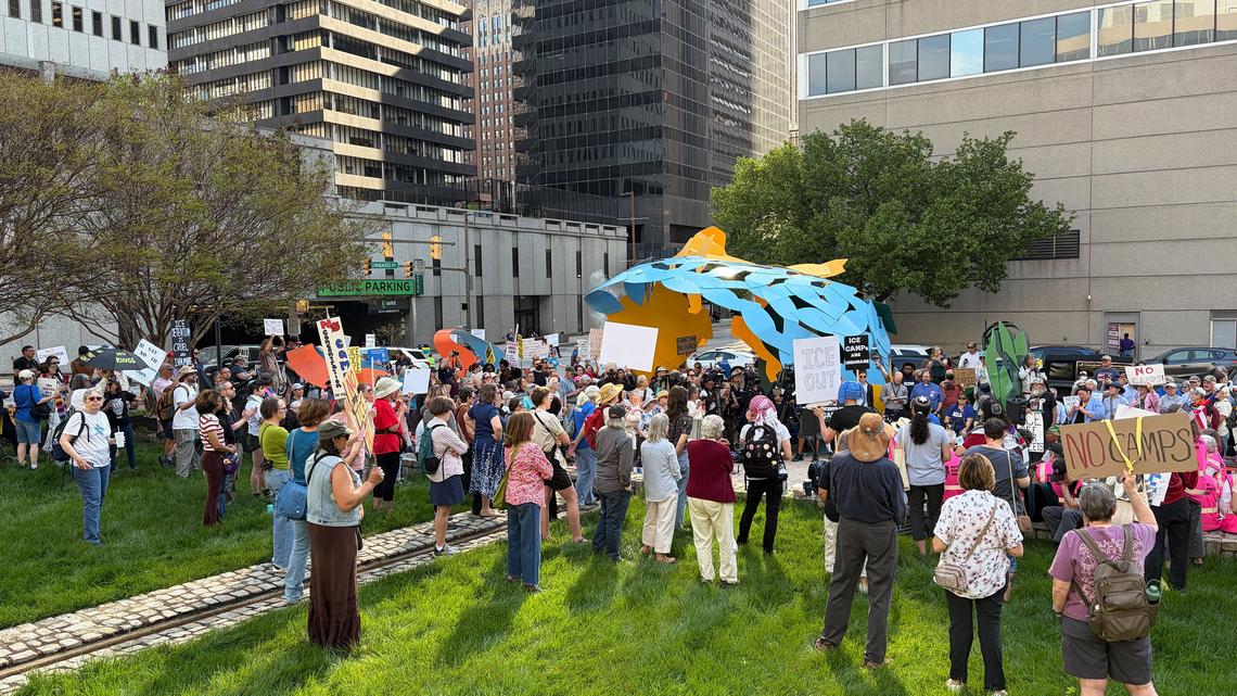 Protesters gather outside the federal court in Baltimore on April 15, 2026, as lawyers prepare to argue whether the U.S. Immigration and Customs Enforcement Agency can continue construction on a new detention facility in Williamsport, Maryland. (Luke Parker/Baltimore Sun/TNS)