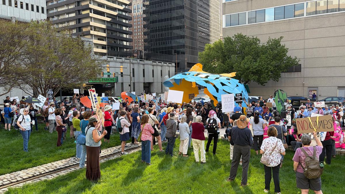 Protesters gather outside the federal court in Baltimore on April 15, 2026, as lawyers prepare to argue whether the U.S. Immigration and Customs Enforcement Agency can continue construction on a new detention facility in Williamsport, Maryland. (Luke Parker/Baltimore Sun/TNS)