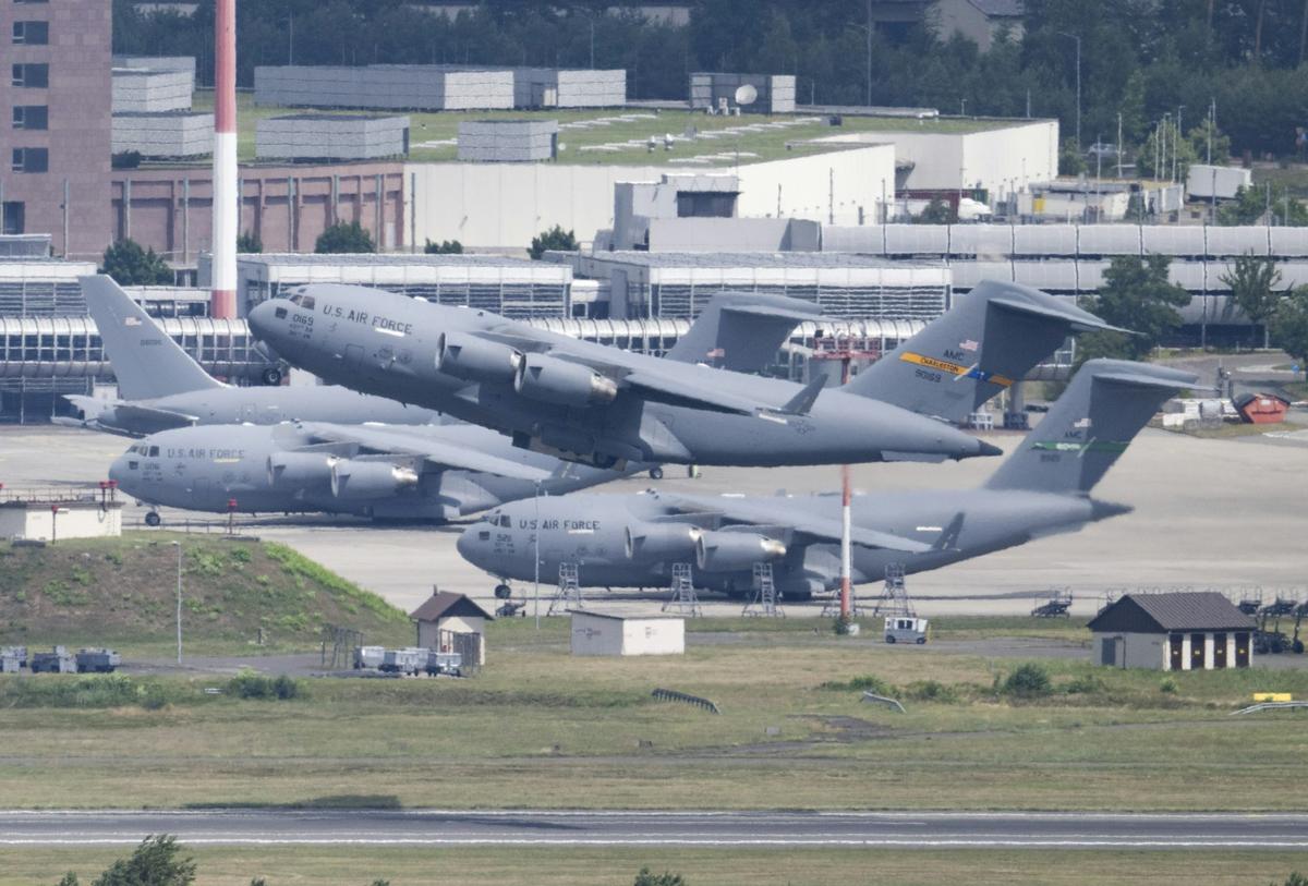  A U.S. Air Force C-17 Globemaster transport plane takes off from Ramstein Air Base in Germany on June 23, 2025. Boris Roessler/Picture Alliance via Getty Images 