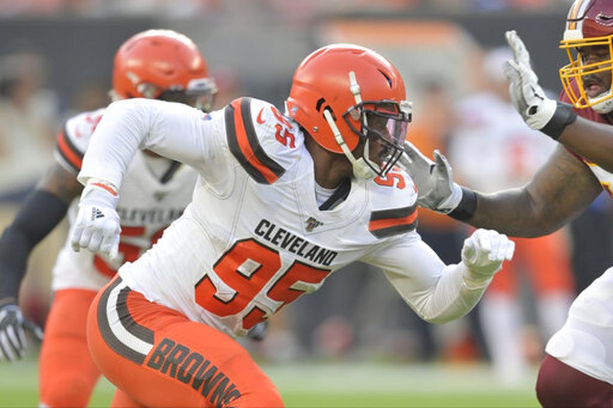 FILE - In this Aug. 8, 2019, file photo, Cleveland Browns defensive end Myles Garrett (95) rushes the passer during an NFL preseason football game against the Washington Redskins in Cleveland. Cleveland’s defensive line could be the team’s greatest strength, and Pro Bowl defensive end Myles Garrett may be on the verge of becoming the league’s most unstoppable force.