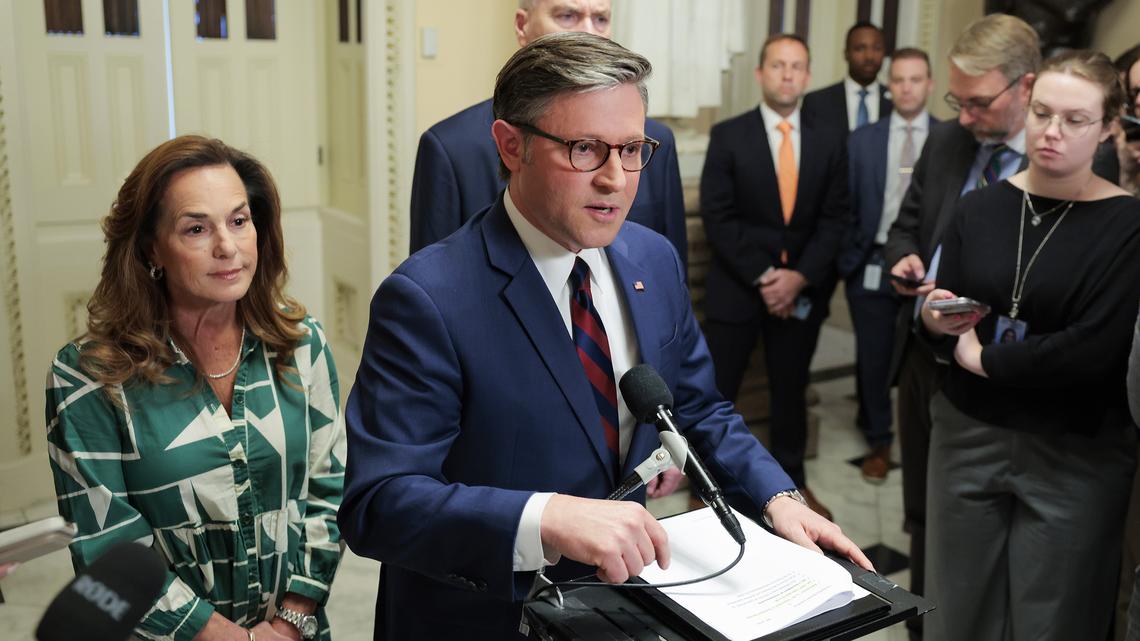 U.S. Speaker of the House Mike Johnson (R-LA) speaks with the media alongside House Republican Conference Chair Lisa McClain (R-MI), left, and House Majority Whip Tom Emmer (R-MN) in the U.S. Capitol on Friday, March 27, 2026, in Washington, D.C. (Heather Diehl/Getty Images/TNS)