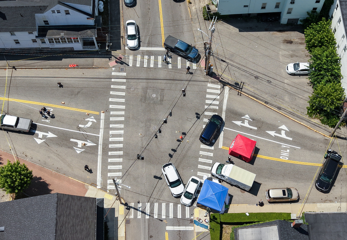 A drone view shows the cordoned-off area at the scene of a shooting involving U.S. Immigration and Customs Enforcement (ICE) in Biddeford, Maine, U.S., July 13, 2026. REUTERS/CJ Gunther