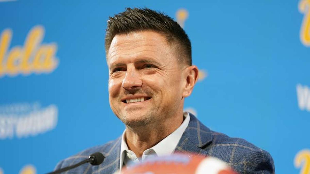  Dec 9, 2025; Los Angeles, CA, USA; Bob Chesney is introduced as UCLA Bruins football coach at press conference at Renee Luskin Conference Center Centennial Ballroom. Mandatory Credit: Kirby Lee-Imagn Images | Kirby Lee-Imagn Images 