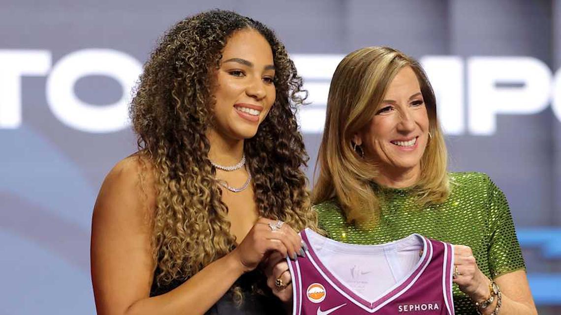  Apr 13, 2026; New York, NY, USA; WNBA Commissioner Cathy Engelbert (right) poses for photos with Kiki Rice who was selected sixth overall by the Toronto Tempo during the 2026 WNBA Draft at The Shed at Hudson Yards. Mandatory Credit: Brad Penner-Imagn Images | Brad Penner-Imagn Images 