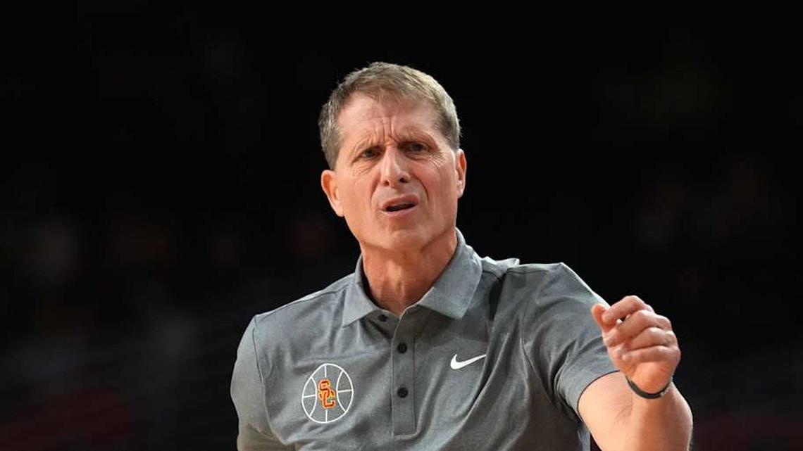  Feb 21, 2026; Los Angeles, California, USA; Southern California Trojans head coach Eric Musselman reacts against the Oregon Ducks in the second half at Galen Center. Mandatory Credit: Kirby Lee-Imagn Images | Kirby Lee-Imagn Images 