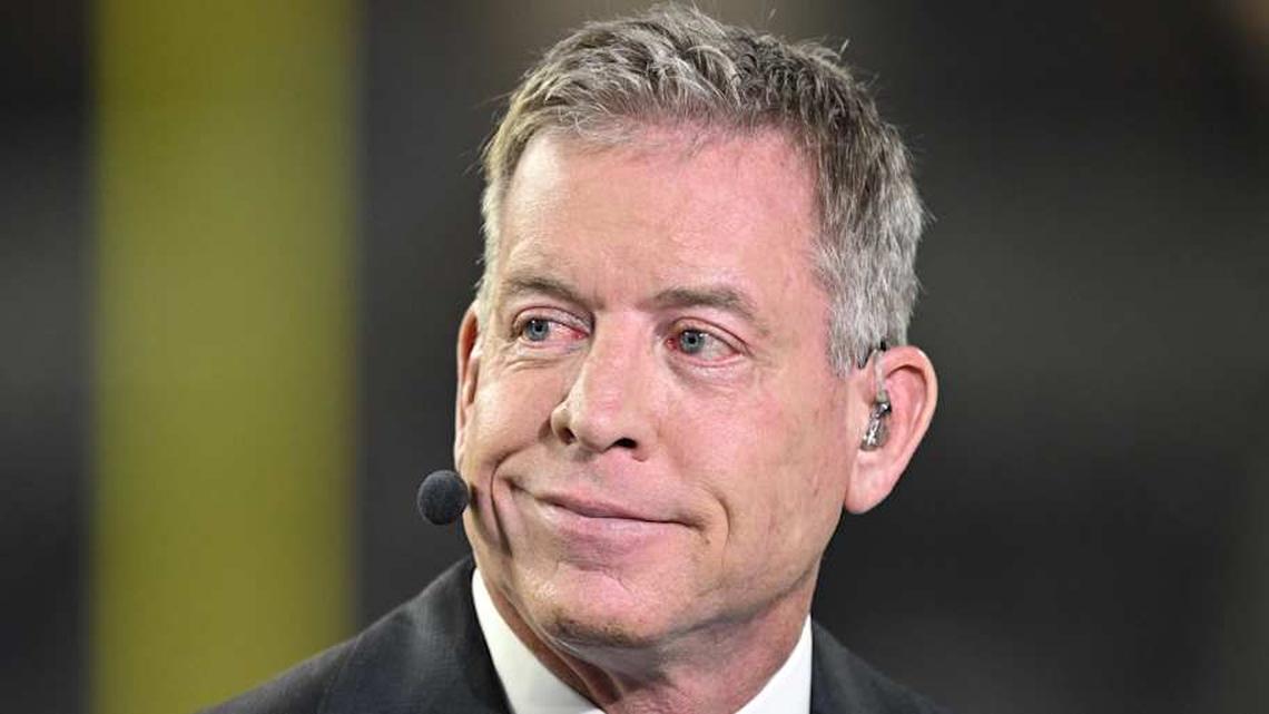  Nov 3, 2025; Arlington, Texas, USA; Television commentator Troy Aikman speaks before the game between the Dallas Cowboys and the Arizona Cardinals at AT&T Stadium. Mandatory Credit: Jerome Miron-Imagn Images | Jerome Miron-Imagn Images 