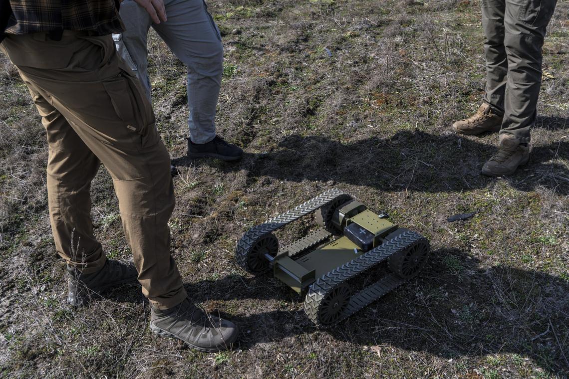 FILE -- The testing of a robot at an expo in Kyiv, Ukraine, where Ukrainian drone manufacturers demonstrated their wares to the military, March 27, 2026. Ukraine is using unmanned ground vehicles armed with bombs, guns or rockets to carry out attacks and keep its soldiers out of harm's way. (Brendan Hoffman/The New York Times)