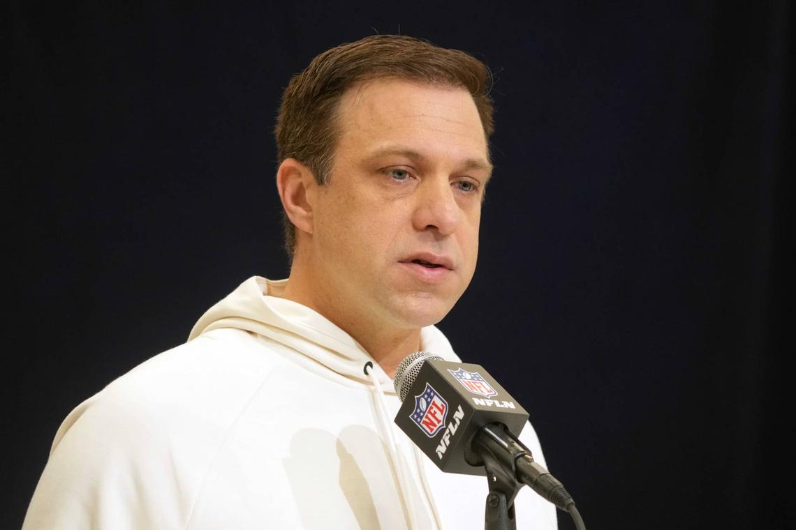  Kansas City Chiefs general manager Brett Veach speaks at the Indiana Convention Center. Kirby Lee-Imagn Images