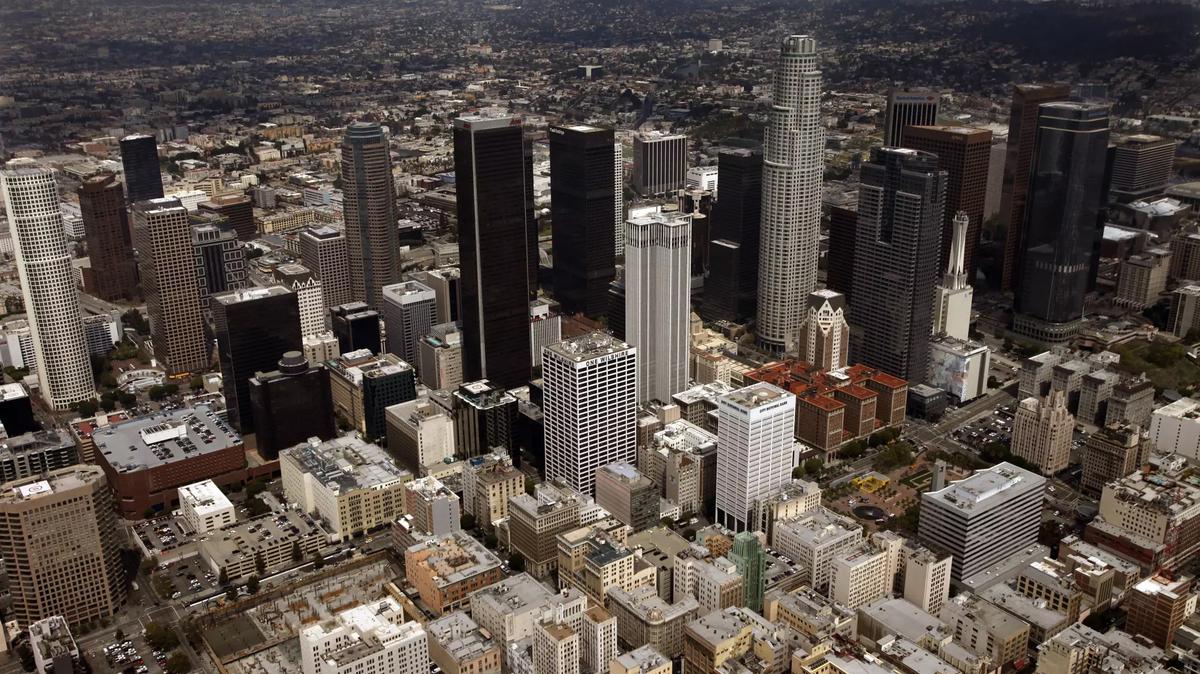 Aerial view from the Goodyear blimp of downtown Los Angeles. (Genaro Molina/Los Angeles Times/TNS)