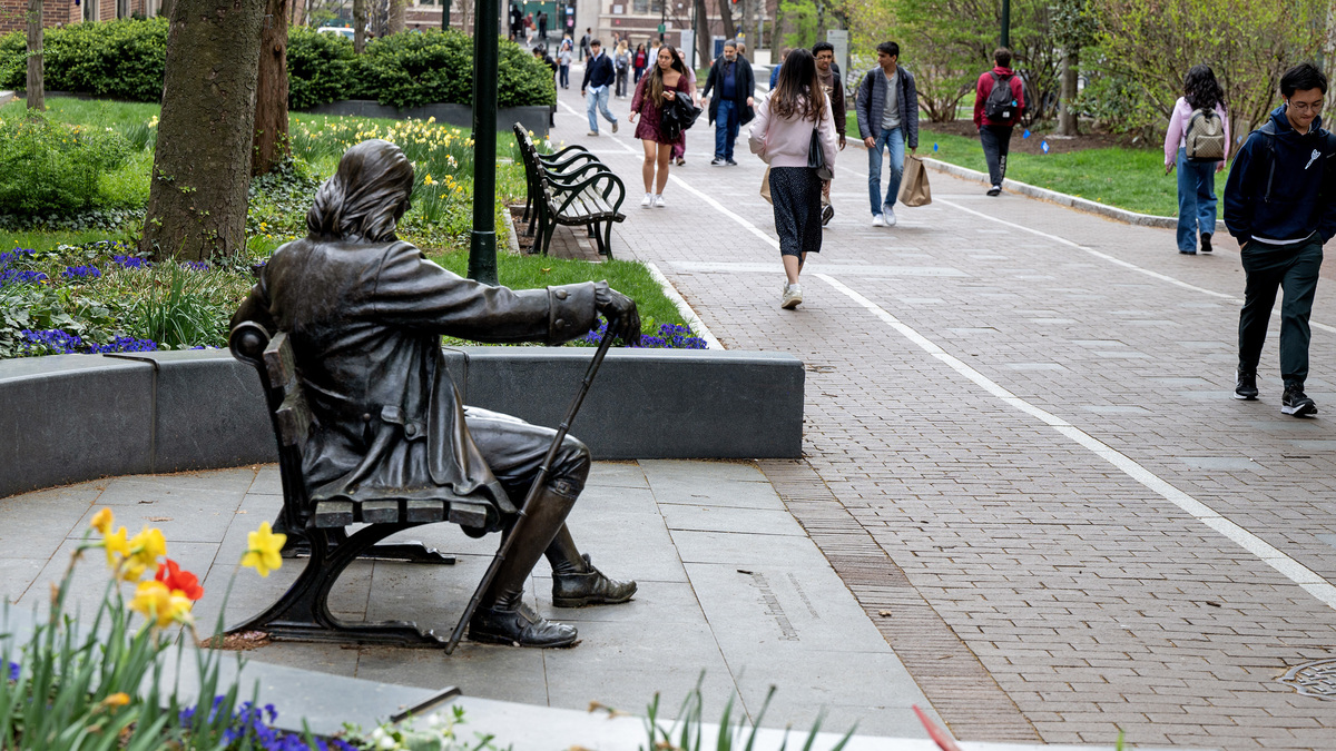 A 1987 Benjamin Franklin statue by George Lundeen on the campus of the University of Pennsylvania, April 15, 2025. (Tom Gralish/The Philadelphia Inquirer/TNS)