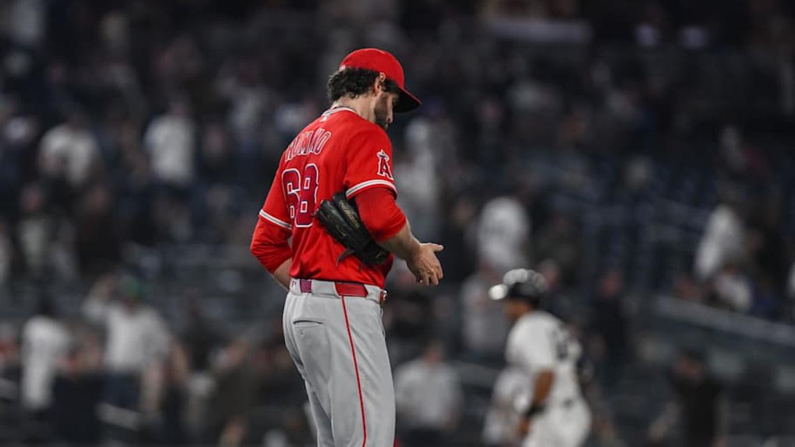  Los Angeles Angels pitcher Jordan Romano (68) reacts after giving up a two run home run to New York Yankees center fielder Trent Grisham (not pictured) during the ninth inning at Yankee Stadium. | John Jones-Imagn Images 