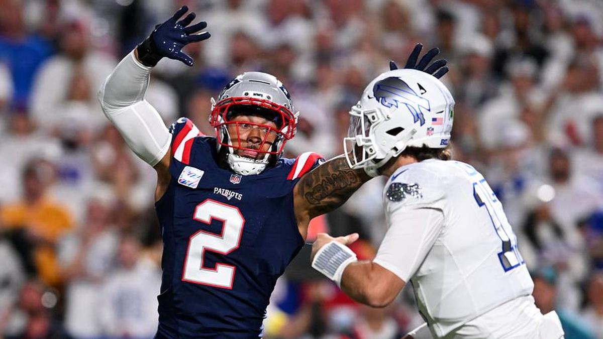  Oct 5, 2025; Orchard Park, New York, USA; New England Patriots linebacker Harold Landry III (2) pressures Buffalo Bills quarterback Josh Allen (17) during the first half at Highmark Stadium. Mandatory Credit: Mark Konezny-Imagn Images | Mark Konezny-Imagn Images 